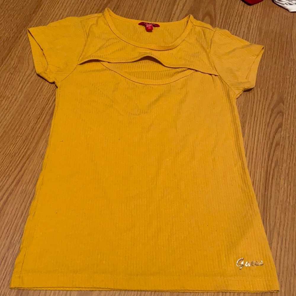 Guess yellow tee shirt with slit in the chest